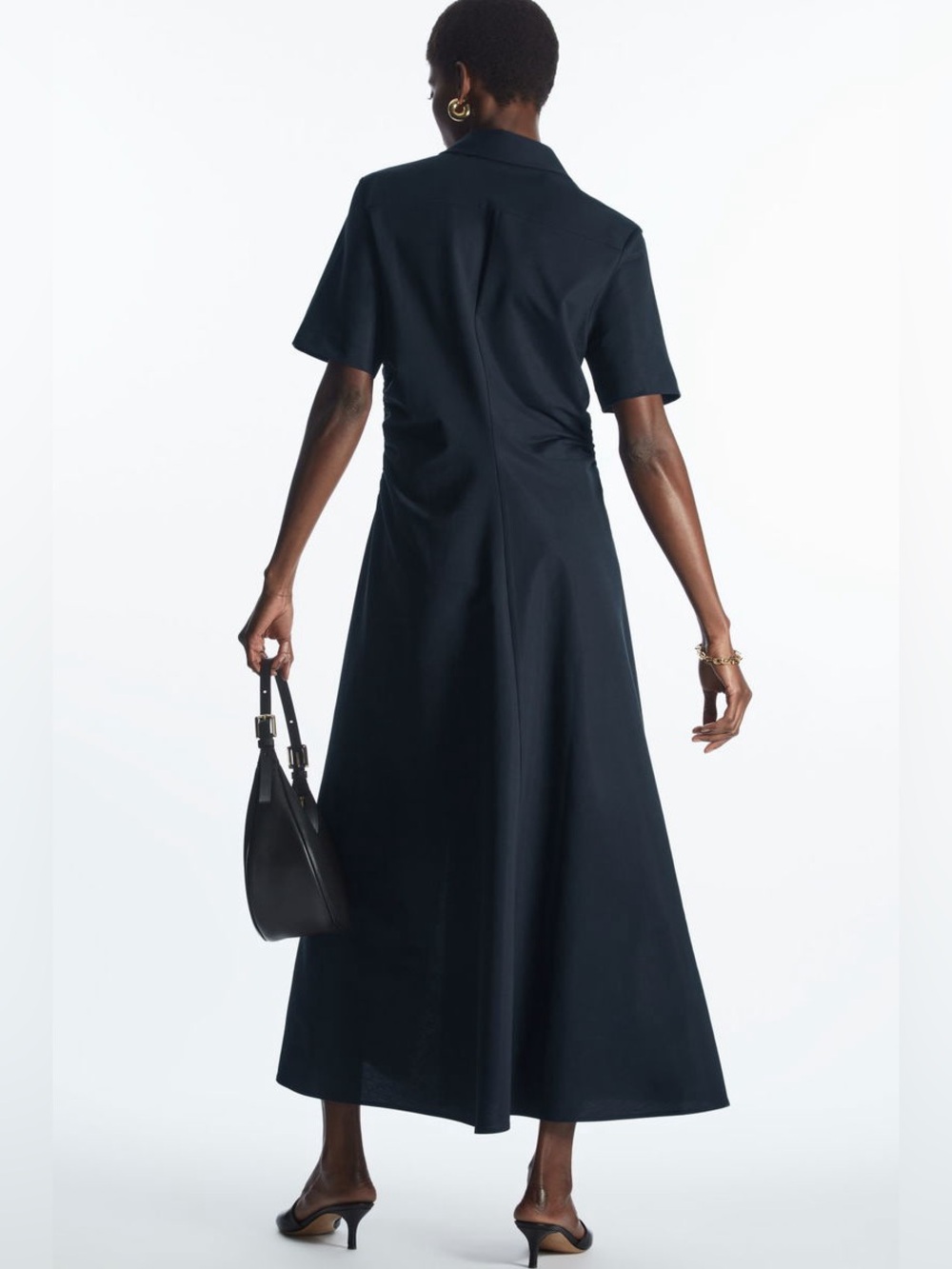 COS Dark Blue Short Sleeve Ruched Button Front Shirt Collared Midi Dress Large - Picture 11 of 12